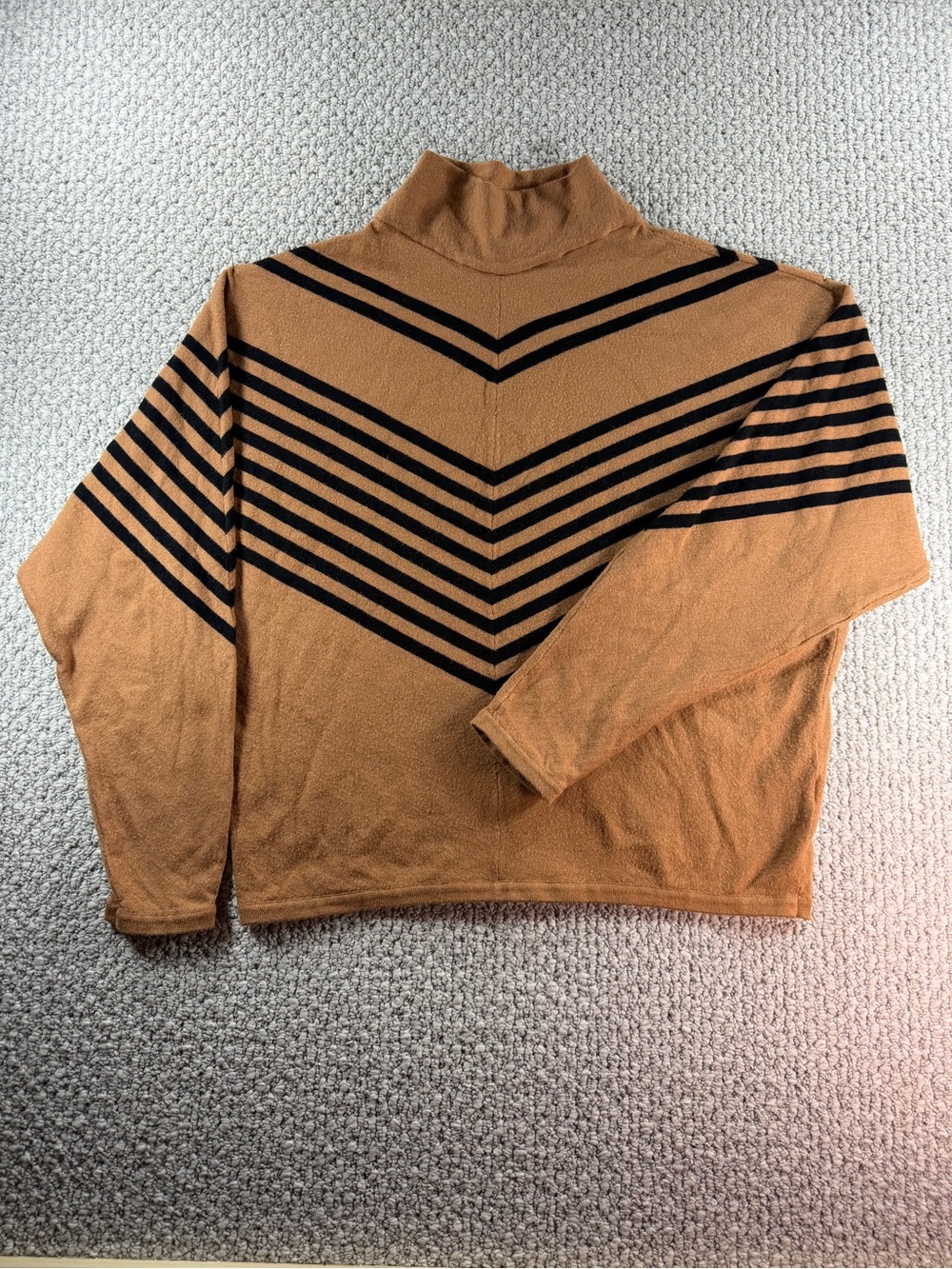 Vintage Chevron Stripe Mock Neck Sweater Camel Brown Black Boho Knit Pullover Lg